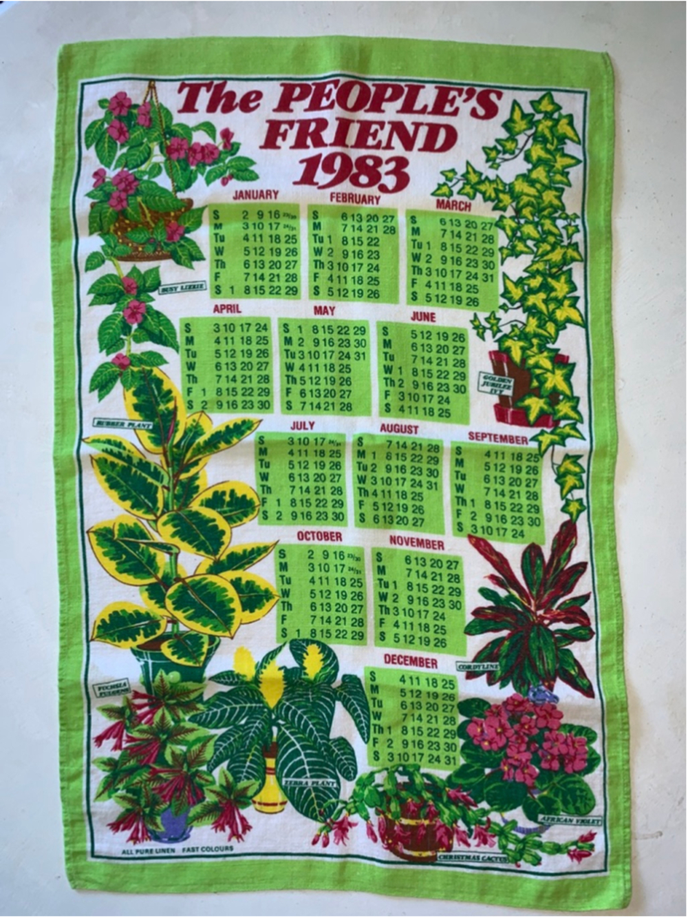 Unbranded Green White Kitchen Linens 1983 Calendar Tea Towel One Size